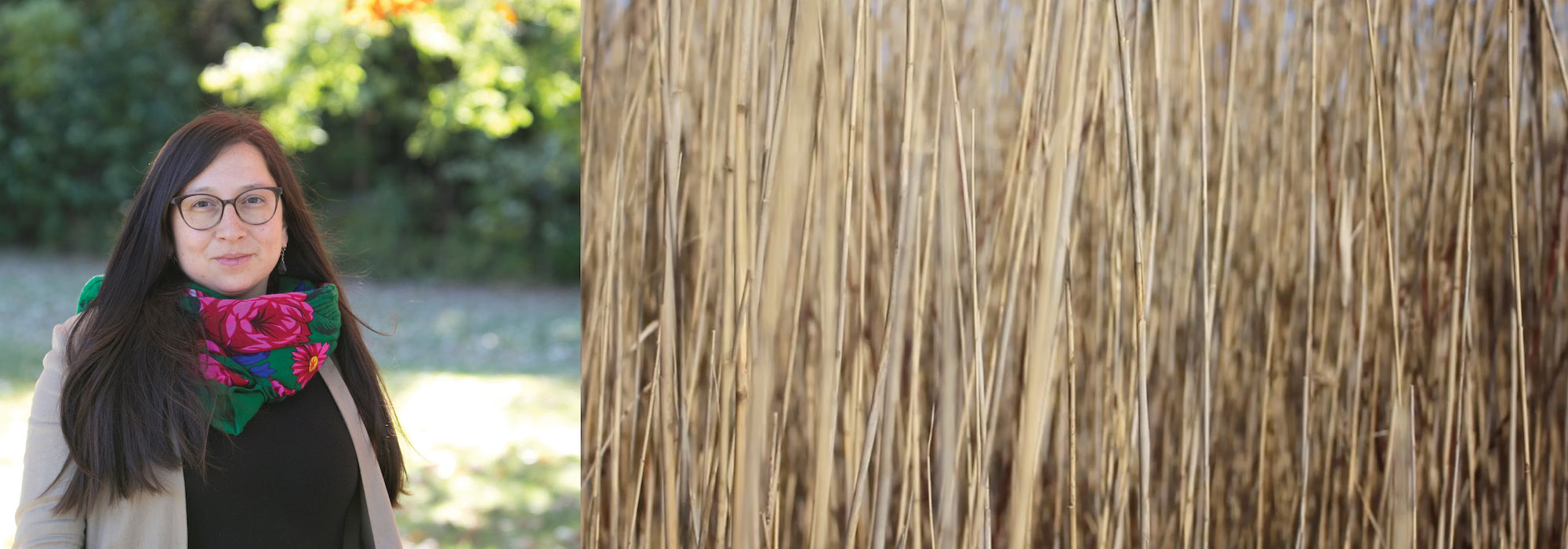 An image of woman with long black hair wearing eye glasses smiling at a camera. Next image: close of shot of grass