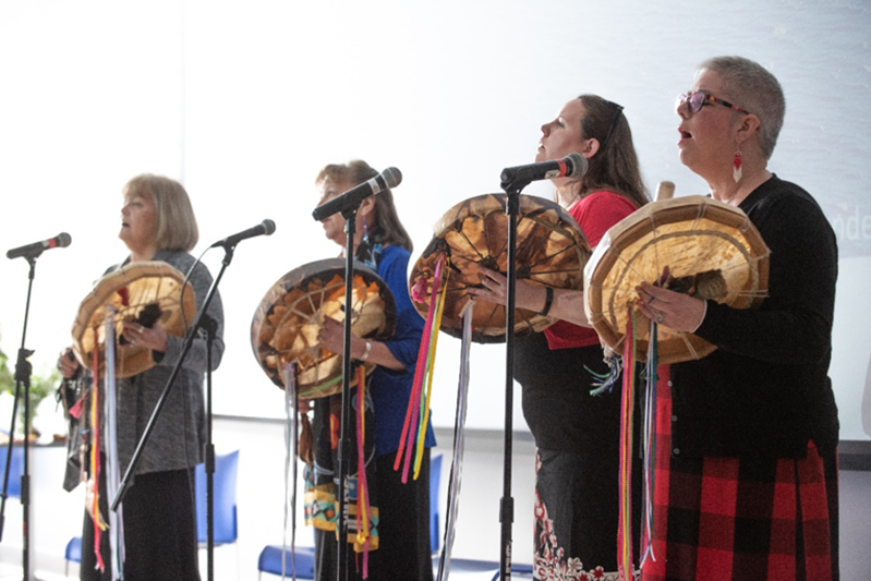 The keynote performance at the Indigenous Students Pathways Symposium was by the UNITY women's hand drum (Joeann Argue, Brenda Maracle-O'Toole, Barb Rivett and Heather Shpuniarsky). Photo credit: William Selviz Photography.