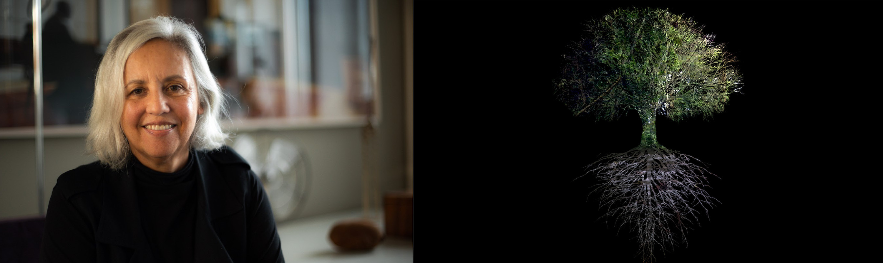 An image of a woman smiling with white hair at a camera. Next image of mirrored digitalized tree