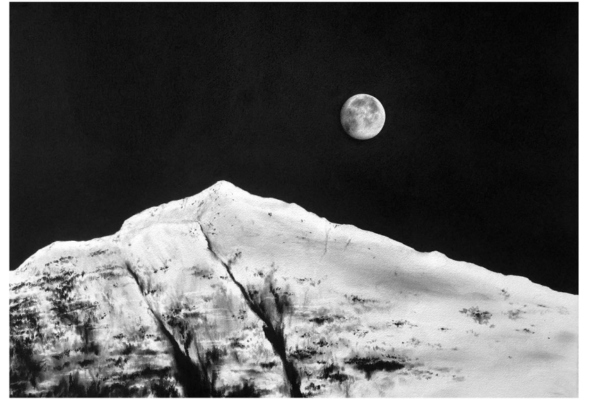 A black and white charcoal drawing of a mountain and the moon in the sky.