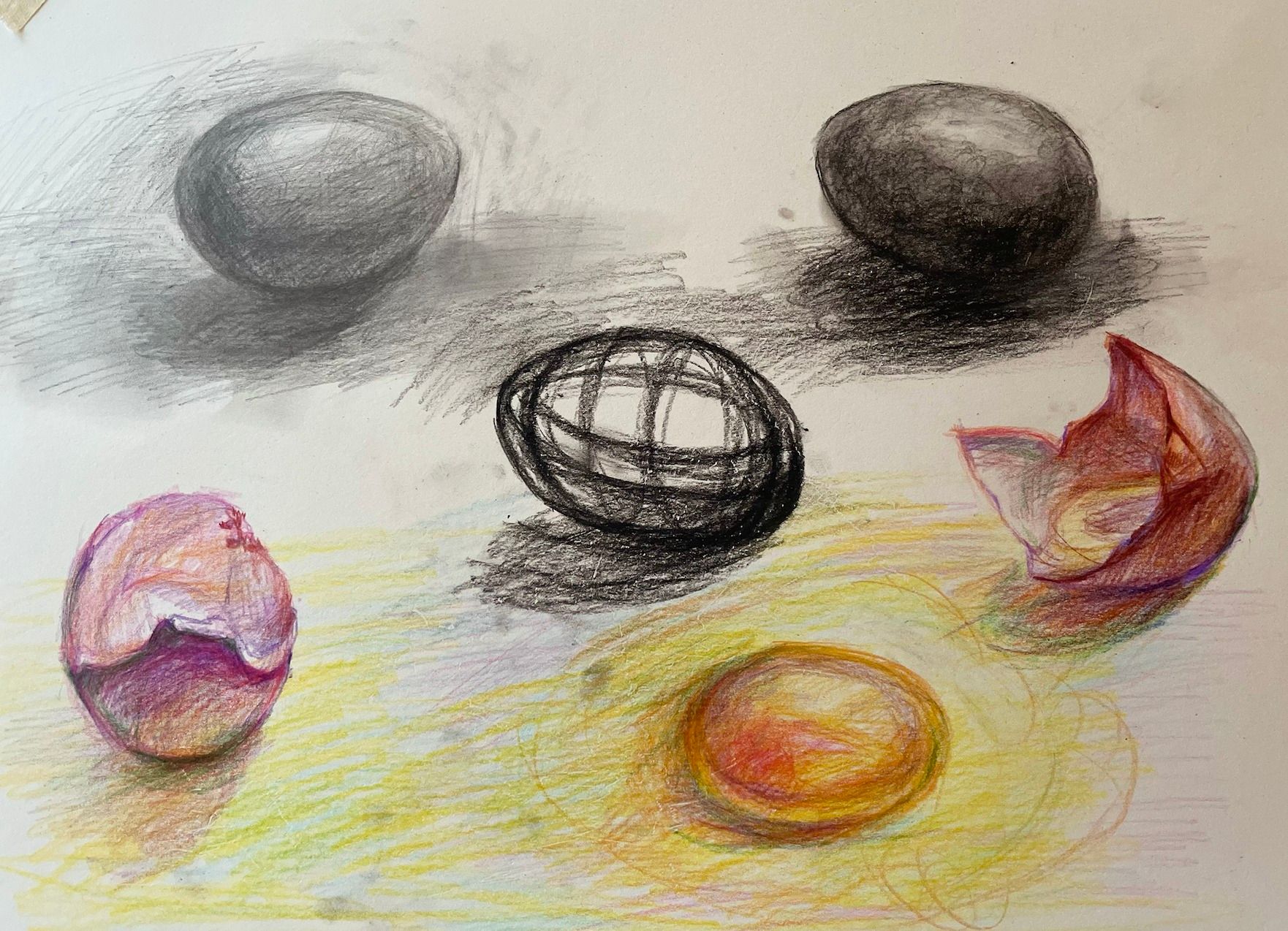 Sketches of eggs in different states. Whole in grey, whole in black, just the frame of an egg in black, cracked open with half in pink, half in red and a yolk in between. 