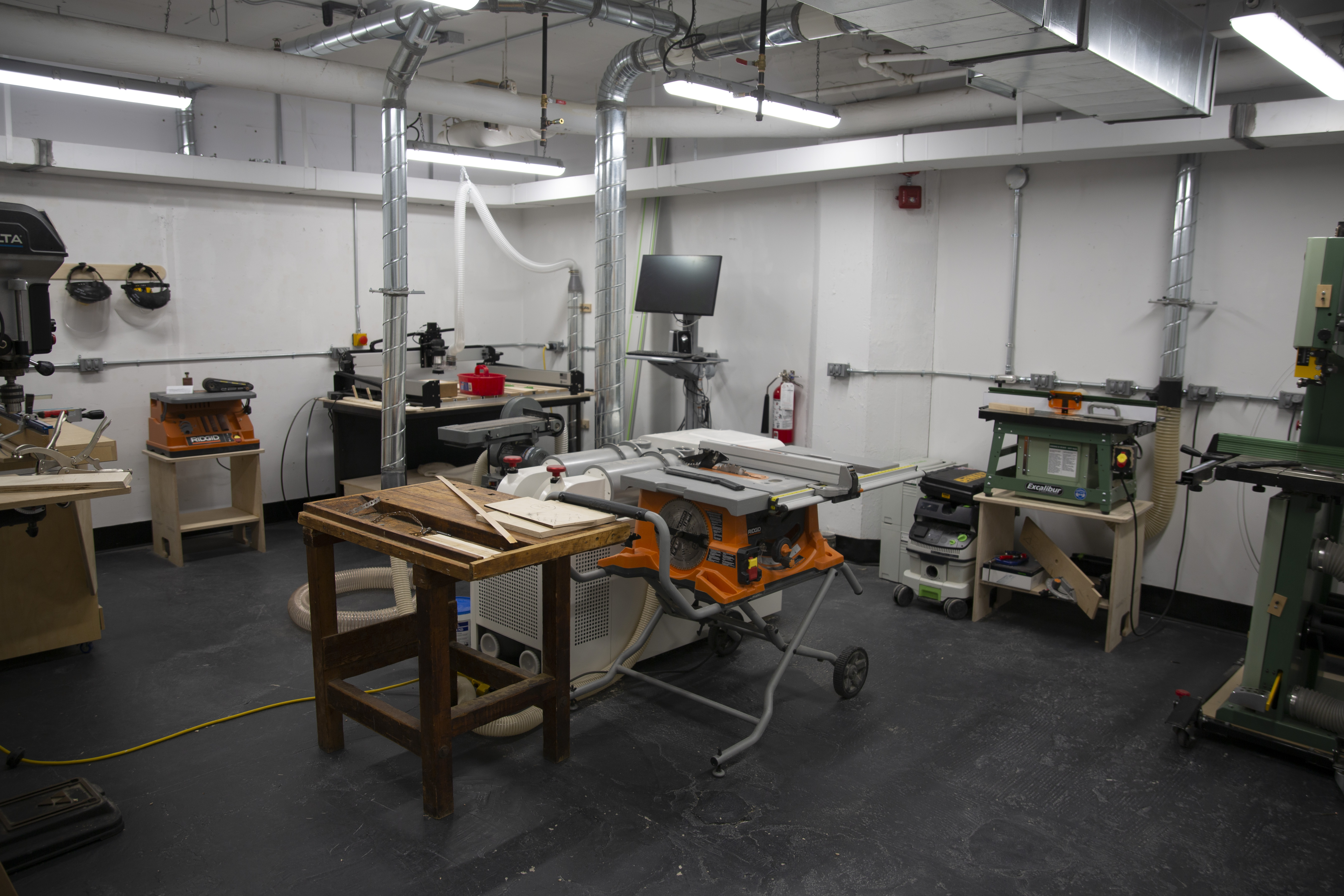 New wood shop equipment and space at the Experimental Fabrication Studio.