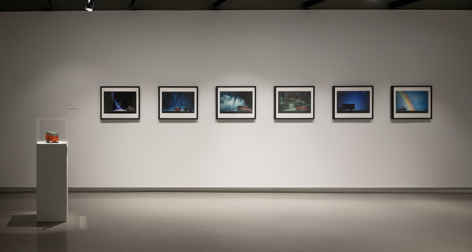 Installation view: Wendy Coburn Fable for Tomorrow, an image of 6 framed artworks by the artist Wendy Coburn, and a sculpture on a plinth by artist Wendy Coburn.