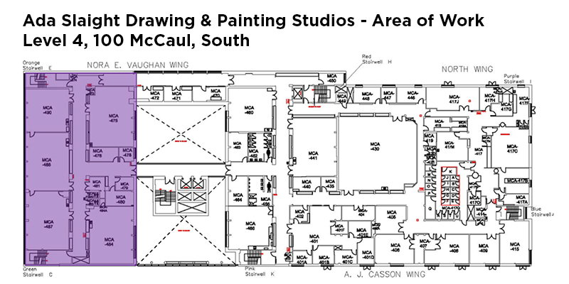 Floor plate image describing area of work in Level 4 south, 100 McCaul 