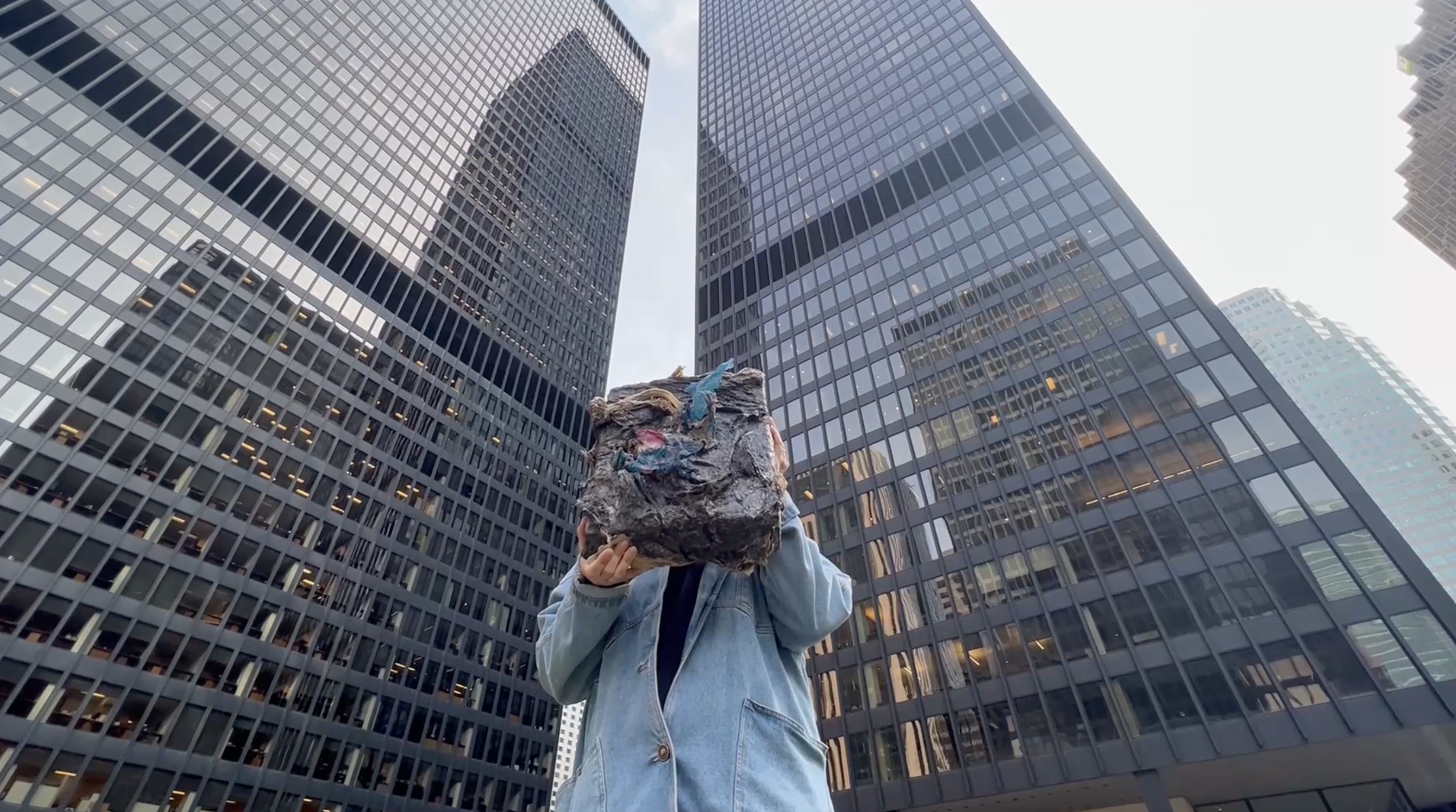 a person holding art standing between two buildings