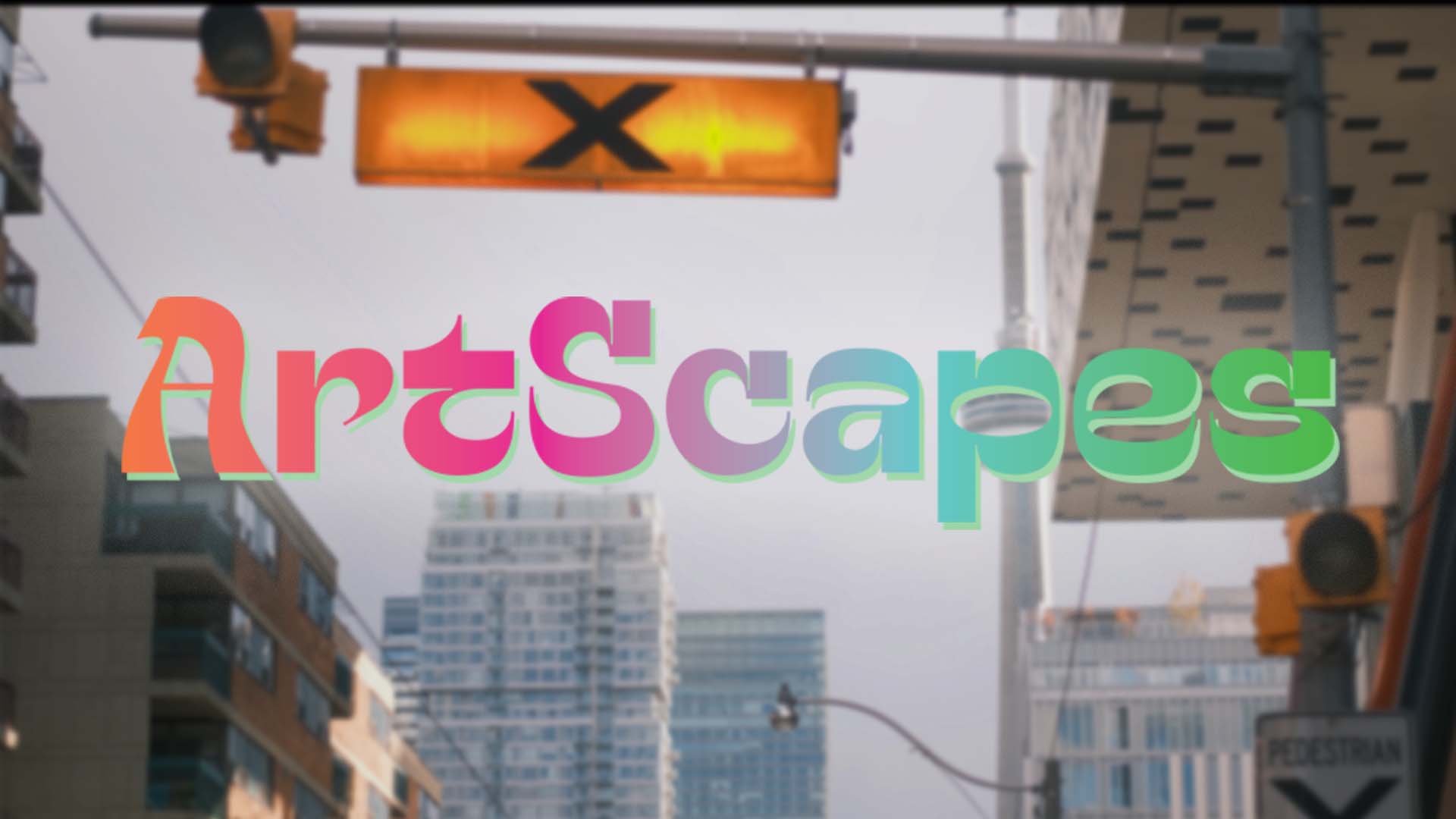 Artscapes logo type against the backdrop of a Toronto Skyline