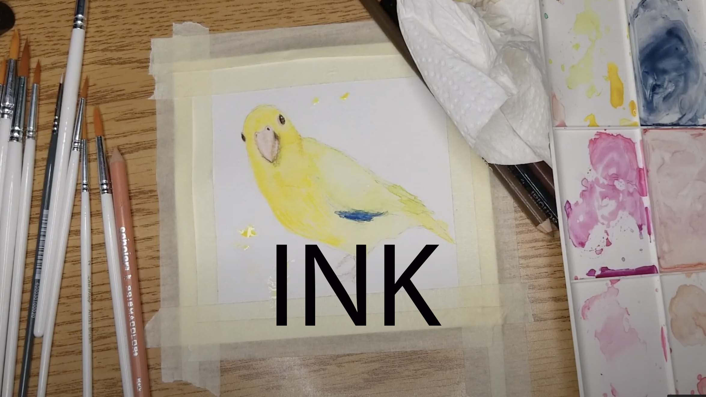 A photo of a yellow bird and mixing water colour paints. Words Ink in Black