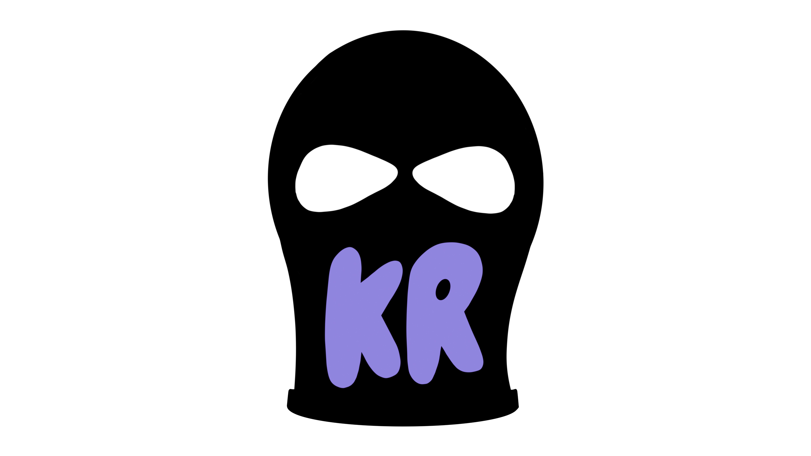 An illustration of a balaclava mask with the letters KR in purple over the mouth.