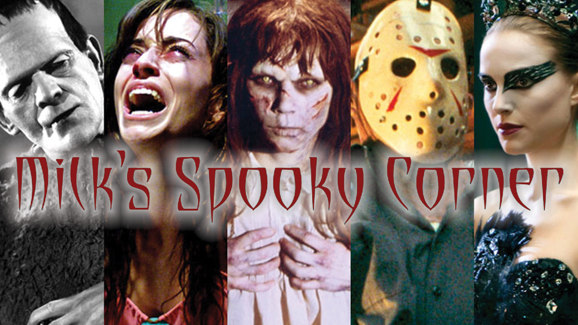 A collage of horror movie villans and screenshots from horror films including Jason, Frankenstien.