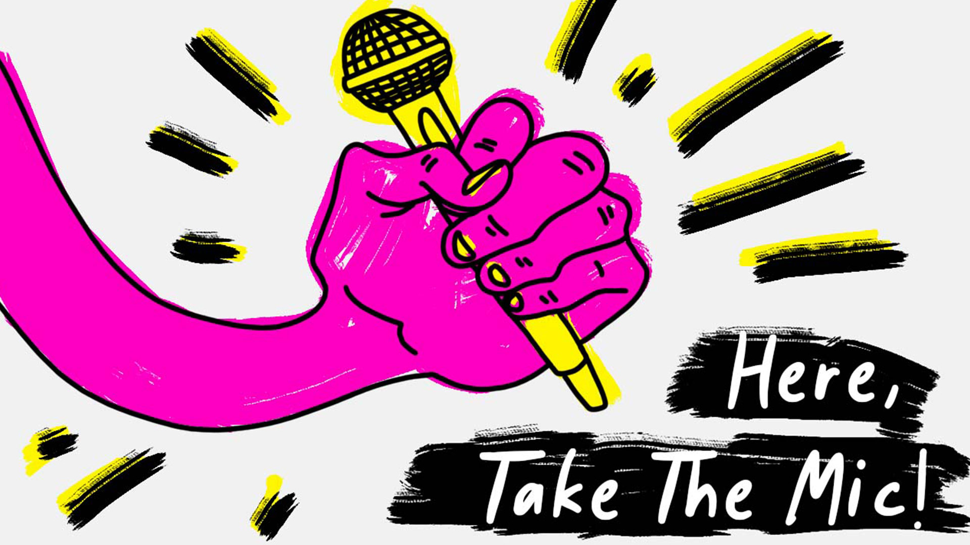 An illustration of a pink hand holding a microphone.