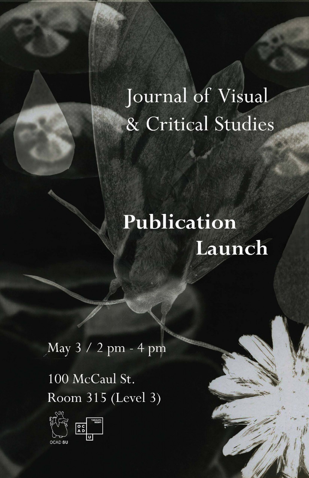 A botanical collage in white on a black background. Text: Journal of Visual and Critical Studies Publication Launch
