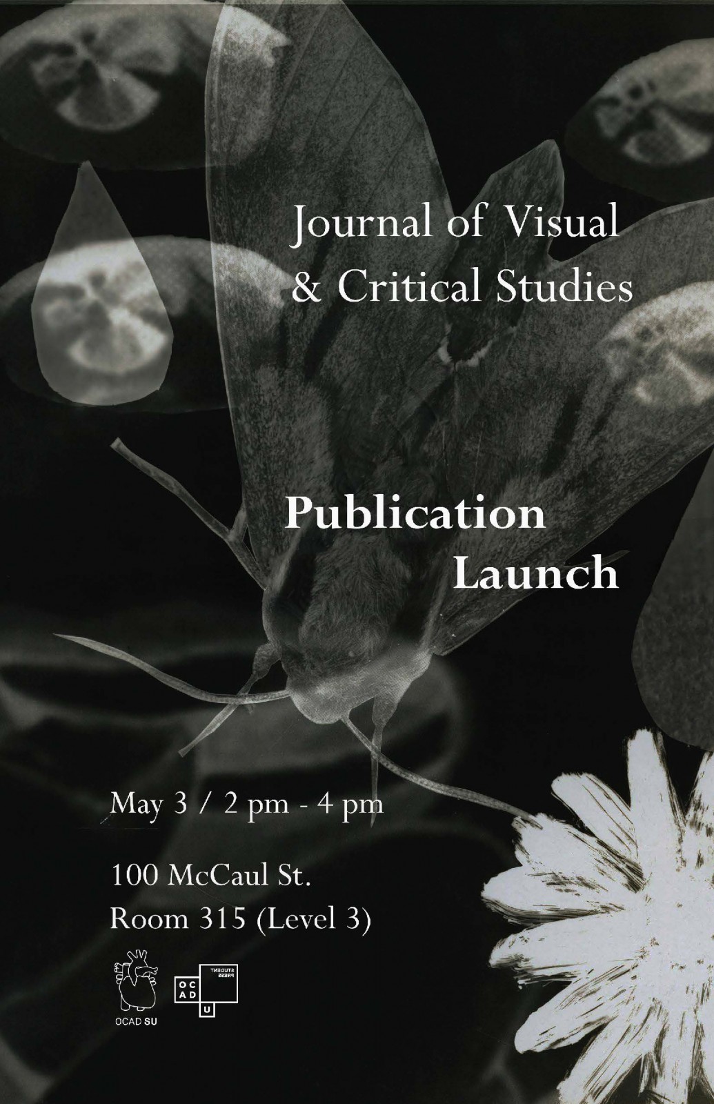 Journal of Visual and Critical Studies Publication Launch Poster A botanical collage in white on a black background. Text: Journal of Visual and Critical Studies Publication Launch