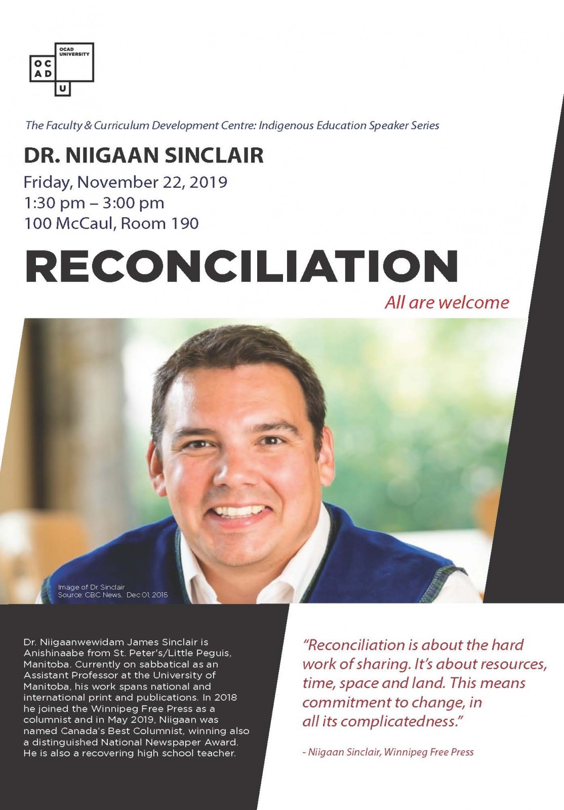Poster of Niigaan Sinclair talk at OCAD U on Nov 22, 2019