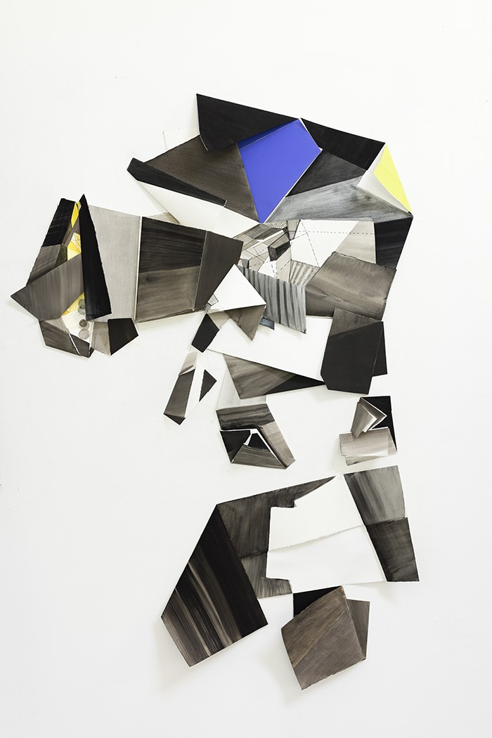 black, grey, white and blue geometric shapes, works on paper