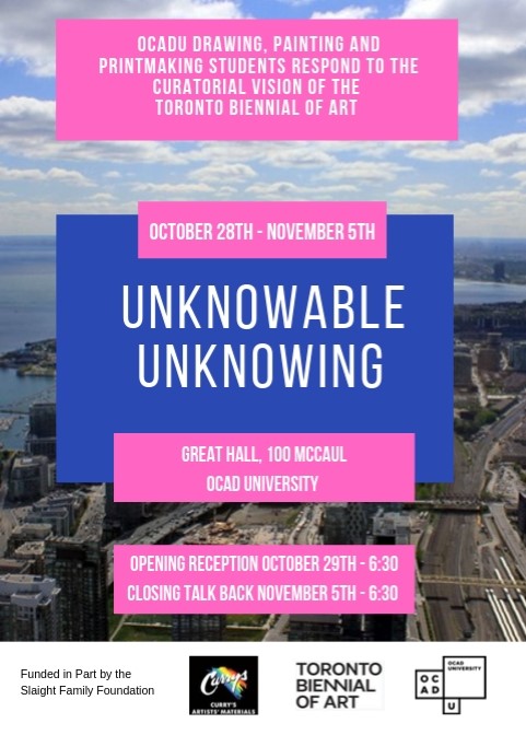poster for exhibition with text in pink and blue bars