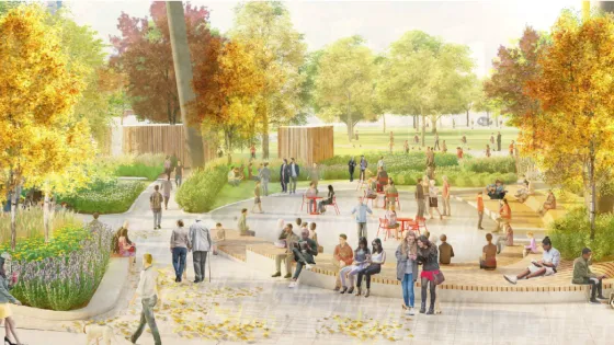 A mockup image of a group of people sitting and walking around in the revitalized Butterfield Park (in colour).