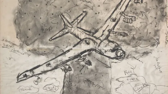 Charcoal drawing of a plane flying in front of a tree