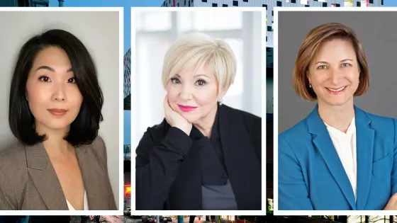three headshots of board chairs in front of Sharpe building