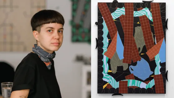 On the left, a headshot of Van Maltese. On the right, one their pieces (oil on panel, powder coated steel, wood, acrylic paint, magnets)
