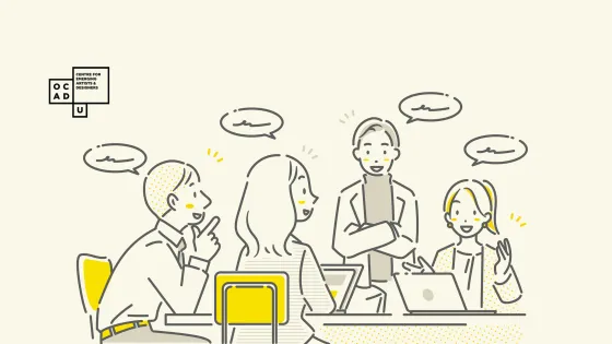 Light yellow background with illustration of four individuals exchanging ideas around a table.