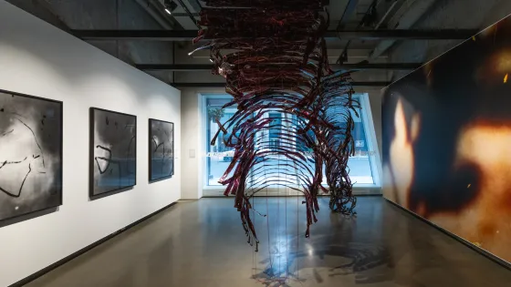 Artworks in a gallery setting. On the left are three framed images in grey, white and black colors of lines. In the middle, two blinds artworks hanged from the ceiling and on the right an image of a flame