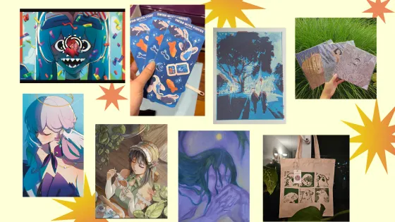 Artworks by OCAD U students who are tabling at Mutual Artist Network.