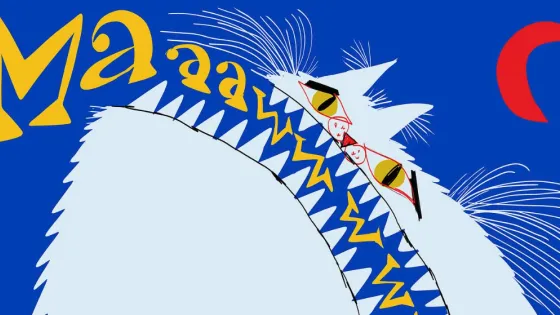 A cat illustration on blue background and red new moon