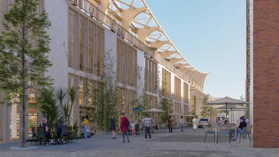 Artist's rendering of people walking along a tree-lined street outside a modern building.