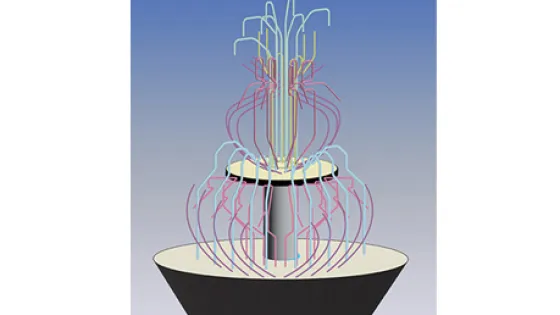A colour illustration of an installation, "Crystal Waters", by artist Tyler Burey. Blue background, two-tiered fountain.
