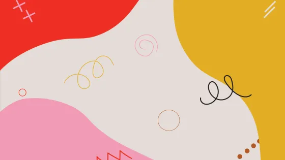 beige background with red, pink and yellow curvy shapes in foreground
