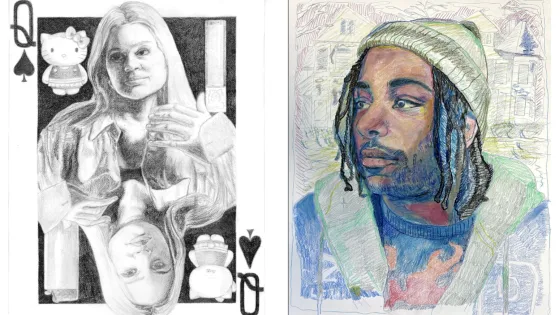 Two illustrations (left to right) "Face Card", by Joe Jones (top half shows an illustration of a woman and bottom half shows the same woman, but upside down); "Joe Jones" by Anna Tanner.