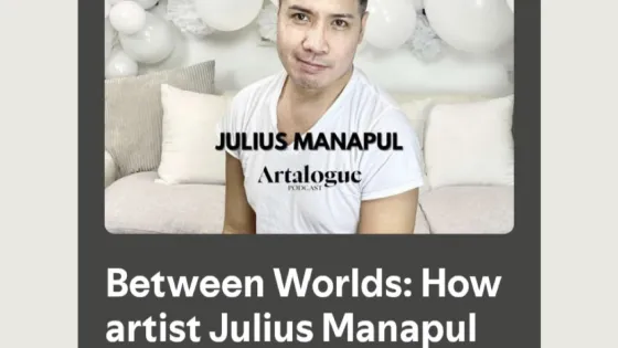 Person in the foreground with a deer wearing a hat in background against white balloons with the name, Julius Manapul and Artalogue in the foreground.