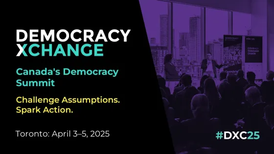 Poster for DemocracyXChange with white, blue and yellow lettering on black background (on left) and a purple background on the right, showing people in an audience. 