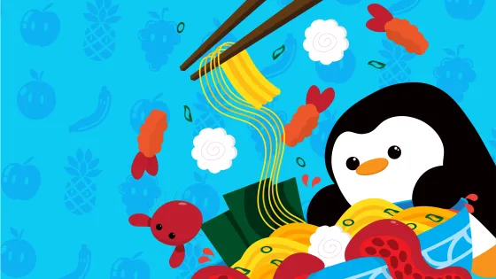 A cartoon penguin eating noodles.