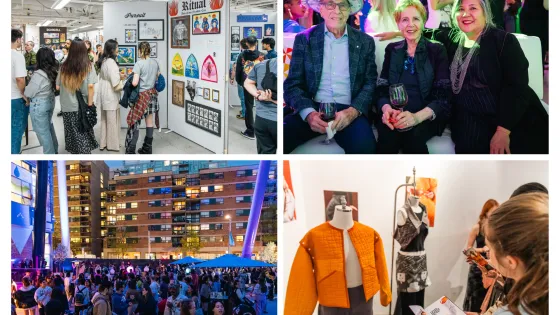 Composite of four photographs depicting scenes of GradEx 110, including two photos of visitors browsing the exhibition, a photograph of festivities on opening night, and OCAD U President Ana Serrano sitting with longtime supporters Rosalie and Isadore Sharp.