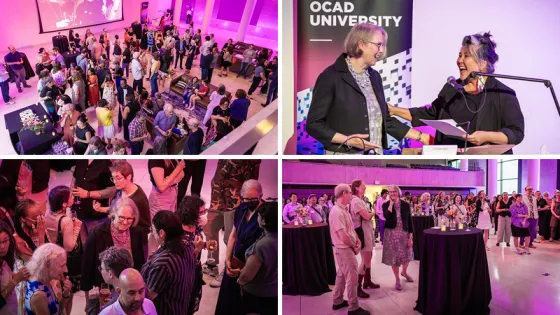 Celebration event for Dr. Caroline Langill; Top left: Guests; Top right: Dr. Langill (l) with President Serrano (r); Bottom left: Dr. Langill speaking with guests; Bottom right: Dr. Langill (centre) with guests. 