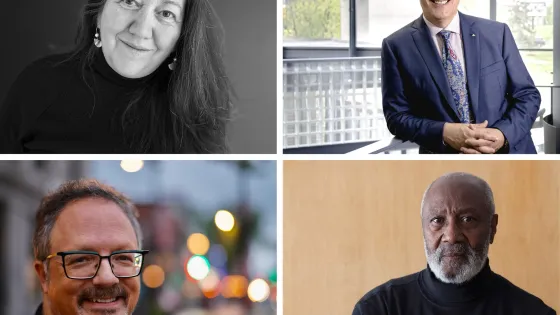 Composite photo of honorary doctorate recipients - Top: Christi Belcourt (left) and John Bianchini (right)  Bottom: Rafael Lozano-Hemmer (left) and Tim Whiten, RCA (right)