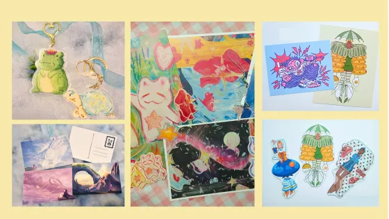 Series of five artworks by different artists overlaid on a light yellow background.
