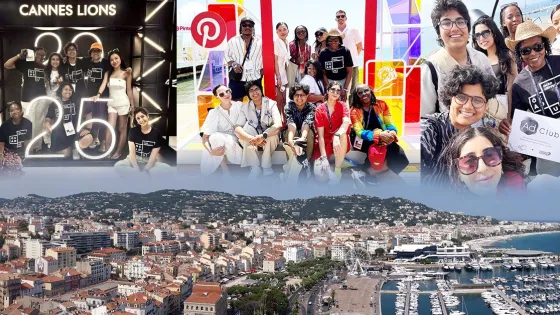 Composite photo of Cannes Lions trip participants (top row) and bottom photo shows view of Cannes.