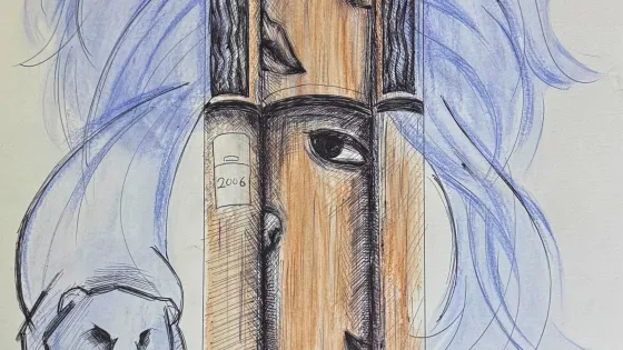 Drawing of an air conditioner tower with facial features and cool air flow imagery.