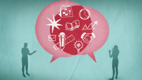 Blue background with two figures on the left and right side and two red speech bubbles in between them. Star, calendar, money, time, growth, lightbulb, handshake, envelope and pencil icons placed inside the bubbles.
