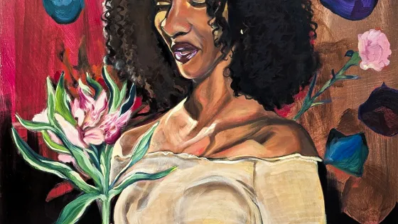 Curly hair, black/brown woman portrait with a flower in hand