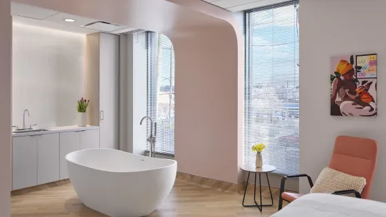 Birthing centre interior showing a birthing tub, sink and two windows looking out onto a cityscape. 