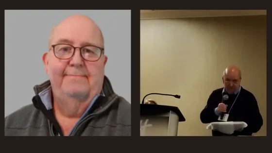 Two images of Peter Fraser, side by side. Headshot and an image of Peter standing next to a podium
