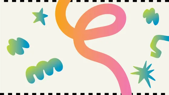Cream coloured background with checkered top and bottom border and orange pink line in foreground and blue green shapes around it.