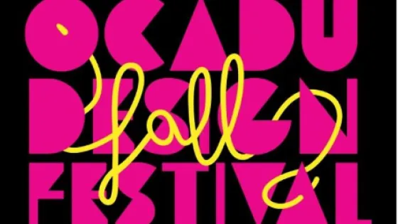 The words OCAD U Design are in pink with fall across the words on a black background