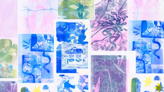 digital collage of risograph prints in blue, pink and yellow