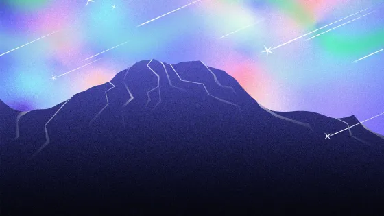 An illustration of a mountain under the Northern lights