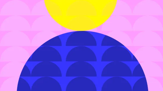 Pink background with half circle patterns and a large blue and yellow half circle in the center foreground