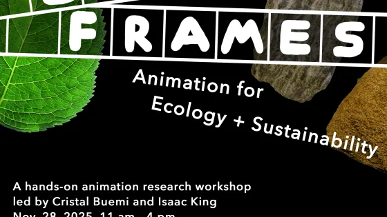 Black background poster with leave and stone. Workshop information in white font